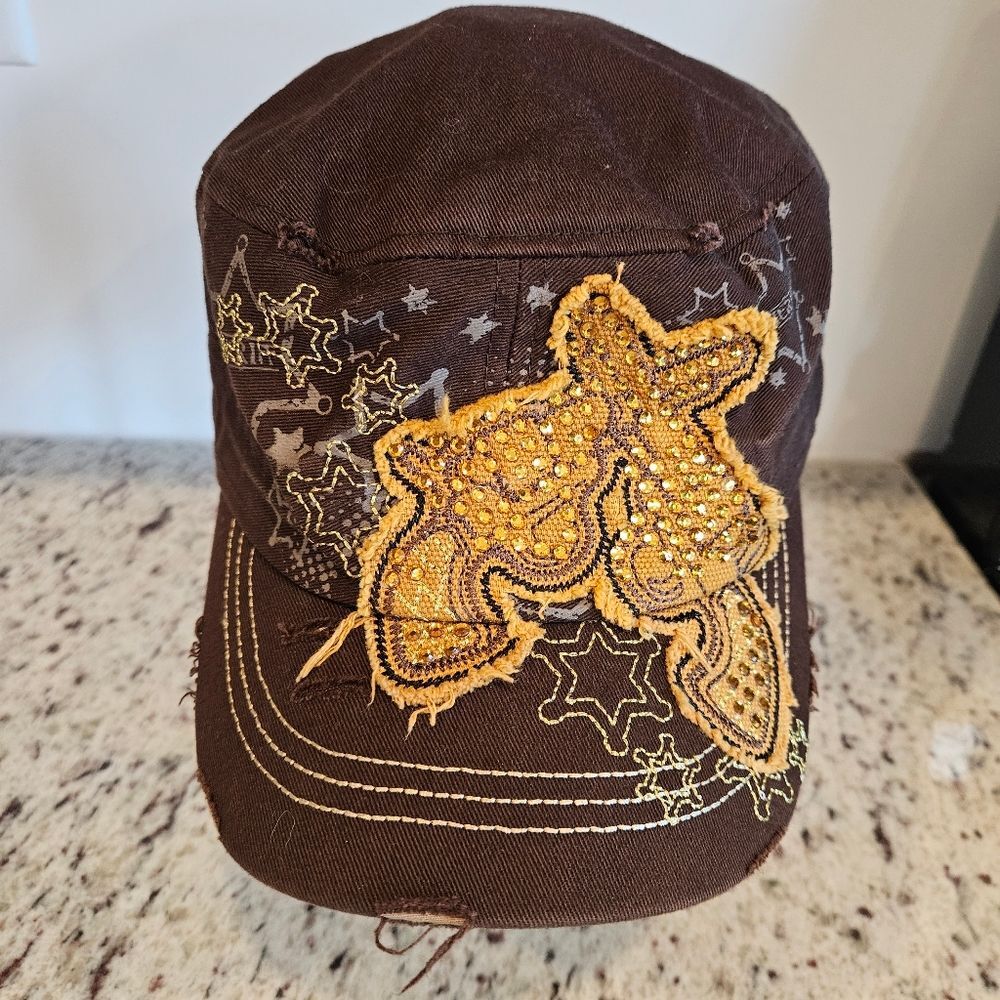 Leader LOGA Pistol Hat Cap Women Adjustable Brown Rhinestone Distress Retro Y2K